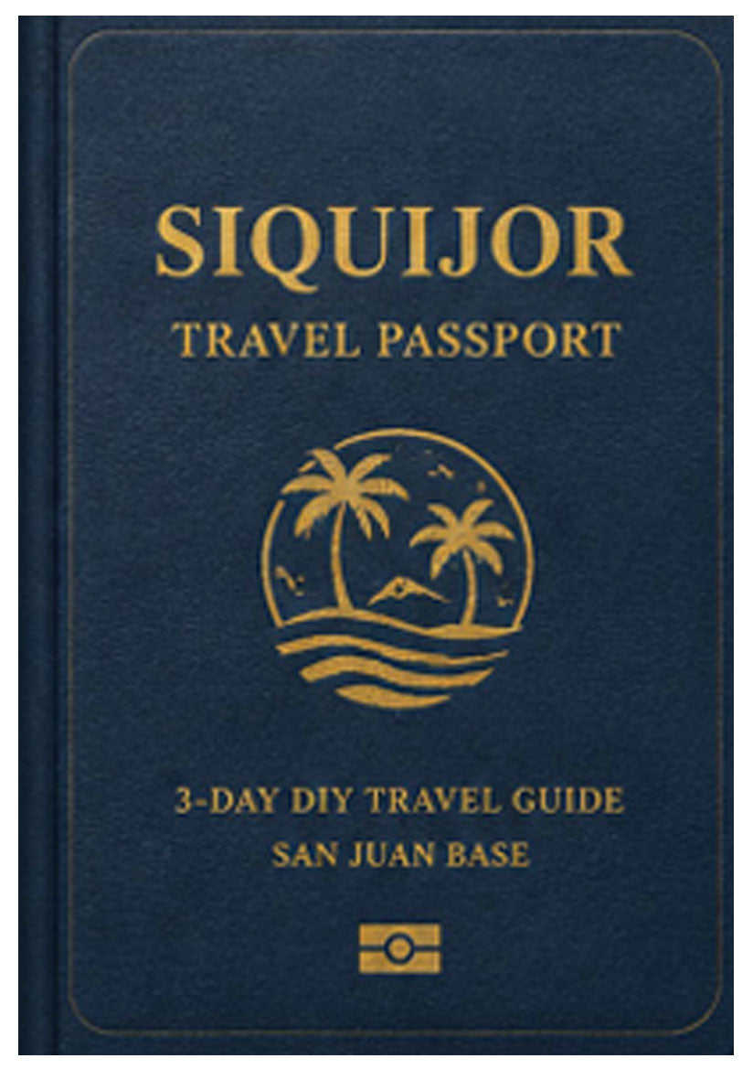 Blue travel passport guide with palm tree design and text on a black background (Get Instant Access)