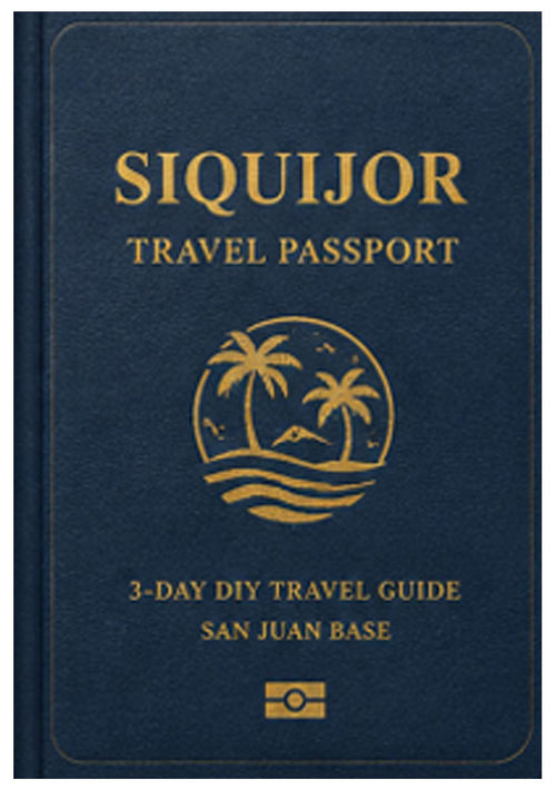 Blue travel passport guide with palm tree design and text on a black background (Get Instant Access)