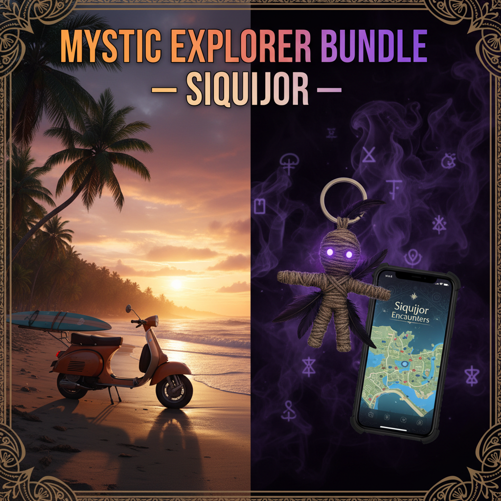 Mystic Explorer Bundle - Siquijor travel guide and voodoo doll keychain at sunset